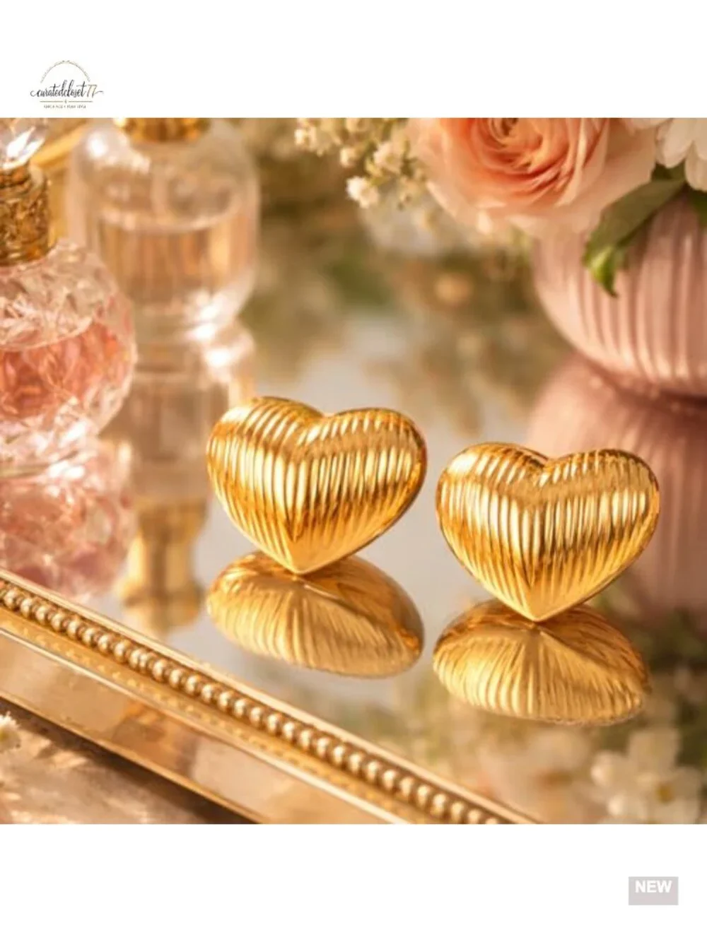Large Puffy Heart Chunky Stud Statement Earrings, Geometric Vintage Gold Stud
